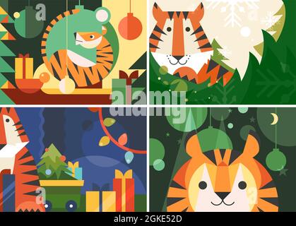 Différentes années des bannières Tiger. Affiches des fêtes de fin d'année plates. Illustration de Vecteur