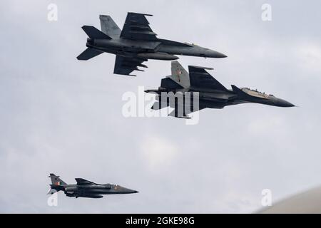 OCÉAN INDIEN (28 mars 2021) – un F/A-18e Super Hornet, affecté aux “Blue Diamonds” du Strike Fighter Squadron (VFA) 146, TOP, vole en formation avec un Indian Air Force su-30MKI, Middle, et Jaguar sur le porte-avions USS Theodore Roosevelt (CVN 71) le 28 mars 2021. Le groupe de grève des transporteurs Theodore Roosevelt est en cours de déploiement prévu dans la zone d'exploitation de la 7e flotte des États-Unis. En tant que plus grande flotte déployée à l’avant de la Marine américaine, la 7e flotte opère et interagit régulièrement avec 35 nations maritimes tout en effectuant des missions pour préserver et protéger une région Indo-Pacifique libre et ouverte. Banque D'Images