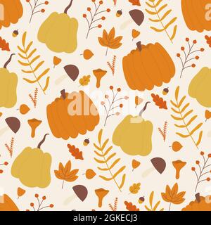 Feuille d'automne citrouille champignon baie en illustration vectorielle sans couture. Dessin animé mignon récolte de la saison d'automne texture décorative, forêt ou jardin nature feuilles, glands et légumes fond Illustration de Vecteur