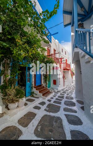 Maisons blanches Cyclades à volets bleus, vieille ville de Chora, ville de Mykonos, Mykonos, Cyclades, Grèce Banque D'Images