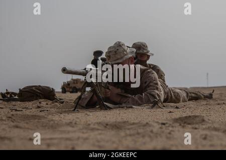 Une marine américaine, avec le 3e Bataillon, 1st Marines, affecté à la Force opérationnelle aérienne-terrestre maritime à but spécial – intervention de crise – Commandement central (SPMAGTF CR-CC), pratique l'observation avec un système semi-automatique de Sniper M110 sur une aire de répartition au Koweït, 31 mars 2021. Le SPMAGTF-CR-CC est une force de réponse aux crises, prête à déployer une variété de capacités dans la région. Banque D'Images