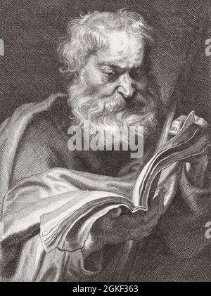 Thomas l'Apôtre, ? - AD 72. Surnommé doutant Thomas parce qu'il doutait que Jésus avait été ressuscité. Après avoir vu le Christ avec ses propres yeux, il s'est consacré à diffuser l'évangile autour du monde connu et on pense qu'il a été martyrisé à Chennai (Madras) en Inde. Après une œuvre de Cornelis van Caukercken d'un tableau d'Anthony van Dyck. Banque D'Images