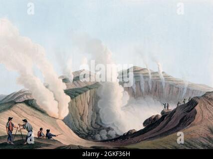 Cratère sur Vulcano, une île volcanique italienne dans la mer Tyrrhénienne. La photo montre probablement le Gran Cratere. Vulcano est l'hôte de l'un des quatre volcans actifs en Italie. La dernière éruption sur Vulcano a eu lieu de 1888 à 1890. Après une gravure du début du XIXe siècle par William Watts d'une oeuvre de Luigi Mayer. Banque D'Images