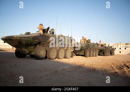 Marines des États-Unis avec Delta Company, 3e Bataillon des amphibiens d'assaut, 1re Division marine (1re MARDIV), effectuer les vérifications finales avant de commencer un exercice d'entraînement intégré au Marine corps Air Ground combat Centre Twentynine Palms, Californie, le 5 avril 2021. Les Marines s'intègrent au 1er Bataillon, 5e Régiment maritime, 1er MARDIV, pour améliorer les capacités entre les unités d'infanterie et les unités de soutien au combat dans une simulation d'entraînement en terrain urbain Banque D'Images