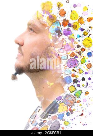 Peinture. Portrait surréaliste d'un jeune homme qui se dissolut en vide Banque D'Images