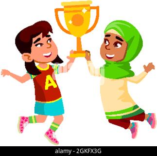 Filles enfants tenant Golden Reward Cup Vector Illustration de Vecteur