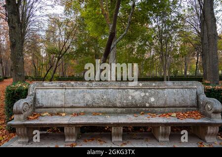 les feuilles d'automne couvrent le siège d'un banc en pierre grise dans un parc. Photographie horizontale. Mise au point sélective. Banque D'Images