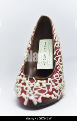 Une chaussure créée et décorée en chocolat du chocolatier James Chocolate, île d'Arran, Écosse Banque D'Images