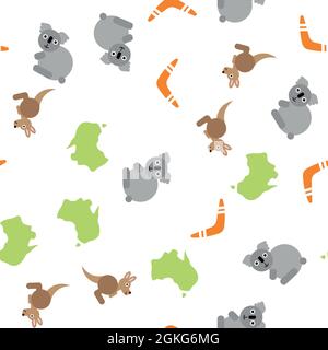Australie - joli thème pour enfants avec dessin animé koala, kangourou, boomerang et silhouette de terre australienne. Motif d'arrière-plan transparent. Illustration vectorielle. Illustration de Vecteur