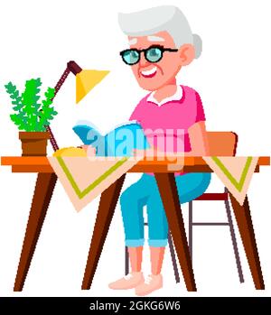 Vieille femme assise à la table et lisant le vecteur de livre Illustration de Vecteur