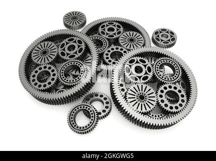 gears aluminium isolé sur fond blanc. image 3d Banque D'Images