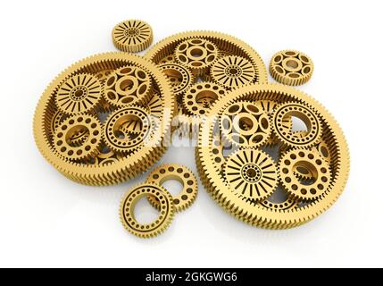 gears gold isolé sur fond blanc. image 3d Banque D'Images