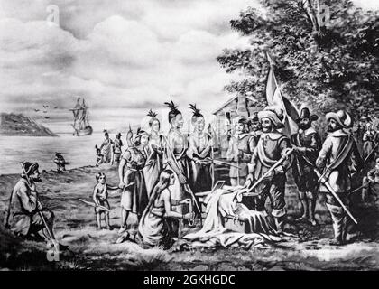 1600S 1626 LENAPE INDIENS VENDANT L'ÎLE DE MANHATTAN À DES COLONS HOLLANDAIS POUR UNE VALEUR DE $24 DE MARCHANDISES COMMERCIALES - Q68250 CPC001 HARS NATIFS AMÉRICAINS COLONS VALEUR XVIIE SIÈCLE NOIR ET BLANC HUDSON RIVER LENAPE NEW AMSTERDAM NOUVEAU NETHERLAND ANCIEN STYLE Banque D'Images