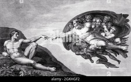 1500S 1512 FRESQUE LA CRÉATION D'ADAM PAR DIEU PARTIE DES FRESQUES DE LA CHAPELLE SIXTINE À ROME PAR MICHEL-ANGE BUONARRATI - Q66084 CPC001 HARS SISTINE Banque D'Images