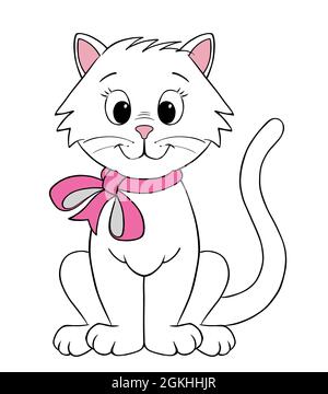 mignon chaton blanc portant un noeud rose, illustration d'un animal de bande dessinée assis isolé sur fond blanc Banque D'Images