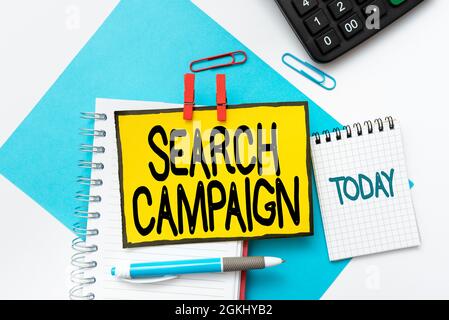Affiche textuelle indiquant la campagne de recherche. Aperçu des affaires méthode de placer des annonces en ligne sur des pages Web coloré Perpective pensée positive Banque D'Images
