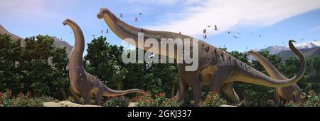 Alamosaurus, groupe de dinosaures de la période du Crétacé tardif, la science 3d rend bannière Banque D'Images