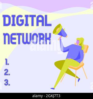 Réseau numérique de texte d'écriture manuscrite. Concept signification réseau incorporant la commutation et la transmission numériques femme dessin tenant Megaphone assis sur Banque D'Images