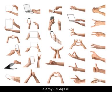 Jeu de mains humaines sur fond blanc Banque D'Images