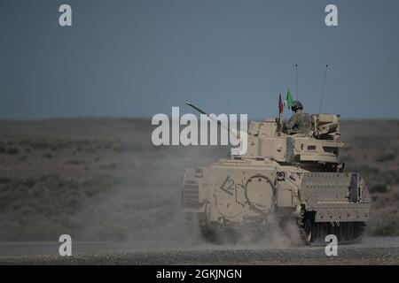 Un véhicule de combat Bradley se dirige vers le point de départ du cours de qualification. Charlie Company de la 116e équipe de combat de la Brigade de Cavalry a commencé l'entraînement annuel le matin du 1er mai 2021 et est revenu du Centre d'entraînement au combat d'Orchard le soir du 13 mai. Les hommes et les femmes de C Company ont suivi une formation annuelle réussie et stimulante au sein de l'OCTC. L'unité a rempli la Table VI de Bradley Gunnery, qualifiant 11 équipages de Bradley. Les escadrons d'infanterie de démontage ont terminé leurs qualifications pour les six escadrons. L'exercice d'entraînement sur le terrain comprenait la mise en situation Banque D'Images