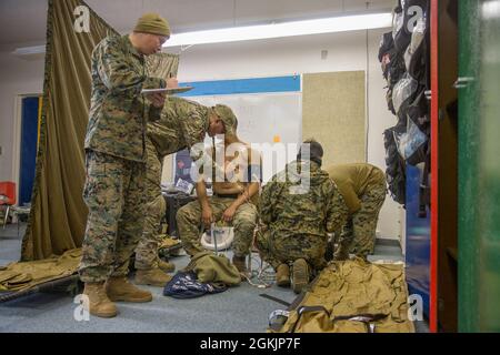 210506-M-PQ459-1009 COLD BAY (ALASKA), le 6 mai 2021 – Corpsman de l'hôpital de la marine américaine avec le bataillon de logistique de combat 15, la 15e unité expéditionnaire maritime et le U.S. Air Force Tech. Sgt. Benjamin Huyck, un technicien médical indépendant paramédical du 36e Groupe d'intervention en cas d'urgence, évalue un patient simulé lors d'un événement de formation médicale à Cold Bay, en Alaska, à l'appui de Northern Edge 2021. Les membres du service américain participent à un exercice de formation conjoint organisé par les forces aériennes du Pacifique des États-Unis du 3 au 14 mai 2021, à l'intérieur et au-dessus du complexe de la zone de répartition de l'Alaska du Pacifique interarmées, du golfe de l'Alaska, et temporaire Banque D'Images