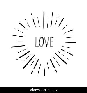 Cœur avec texte d'amour. Style d'esquisse dessiné à la main. Illustration vectorielle en forme de cœur pour cadre en forme de soleil, citation d'amour Illustration de Vecteur