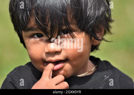 Petit garçon asiatique de souche qui veut faire prendre sa photo, plein visage ayant le plaisir de regarder Banque D'Images
