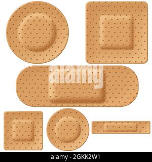 Bandage et adhésifs de premiers soins concept de groupe de bandages comme un symbole de traitement des blessures médicales et d'équipement médical isolé sur un fond blanc. Banque D'Images