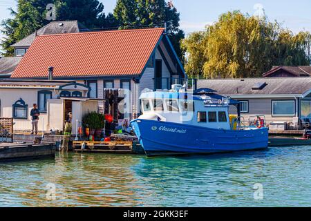 Maisons flottantes le long d'un chenal du delta du fleuve Fraser près de Ladner Colombie-Britannique Canada Banque D'Images