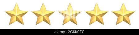 Cinq étoiles dorées pour l'évaluation des produits. rendu 3d de 5 étoiles dorées pour site web et application mobile isolée sur blanc Banque D'Images