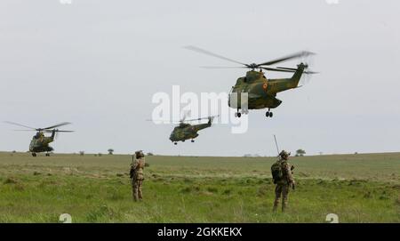 Des soldats néerlandais affectés au 11e Bataillon aéroporté surveillent les soldats de la Force opérationnelle Falcons qui quittent la zone de ramassage des hélicoptères Puma roumains pendant la réponse Swift 21 à la zone d'entraînement de Babadag, en Roumanie, le 16 mai 2021. SWIFT Response 21 est un exercice lié au Defender 21, un exercice annuel à grande échelle mené par l'armée américaine et mené conjointement par l'armée de terre, un exercice multinational conçu pour renforcer la préparation et l'interopérabilité entre les forces armées américaines, de l'OTAN et des partenaires. Banque D'Images