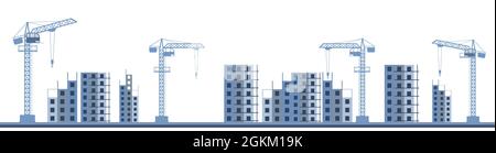 Construction d'un nouveau microquartier de la ville. Silhouette. Grues et tracteurs. Technologies et équipements modernes. Isolé sur fond blanc illu Illustration de Vecteur