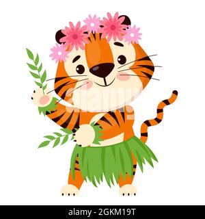 Joli dessin animé tigre en jupe hawaïenne traditionnelle et couronne fleurie sur la tête. Symbole de 2022, année du tigre. Illustration vectorielle isolée sur b blanc Illustration de Vecteur