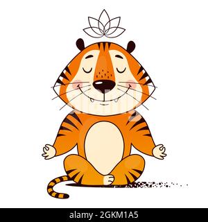 Dessin animé tigre cool faisant du yoga, assis en position lotus. Symbole de 2022, année du tigre. Illustration vectorielle. Illustration de Vecteur