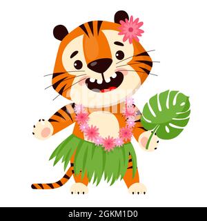 Joli dessin animé tigre en jupe hawaïenne traditionnelle et couronne fleurie. Symbole de 2022, année du tigre. Illustration vectorielle isolée sur fond blanc Illustration de Vecteur