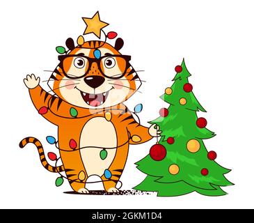 Dessin animé frais tigre décorant l'arbre de Noël avec des lumières, emmêlé dans une guirlande. Symbole de 2022, année du tigre. Illustration vectorielle. Illustration de Vecteur