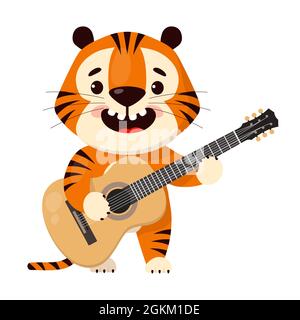 Mignon dessin animé tigre joue de la guitare acoustique, illustration vectorielle isolée sur fond blanc. Illustration de Vecteur