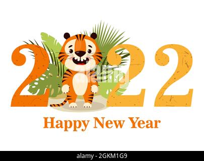 Bonne année 2022, nouvel an chinois, carte de vœux avec joli tigre de bande dessinée, illustration vectorielle. Illustration de Vecteur