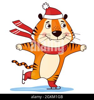Joli dessin animé patinage tigre dans un chapeau rouge et un foulard. Le symbole du 2022. Nouvel an chinois. Illustration vectorielle. Illustration de Vecteur