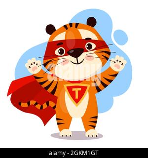Joli dessin animé tigre dans un cap rouge super-héros. Symbole de 2022, année du tigre. Illustration vectorielle. Illustration de Vecteur