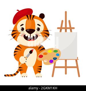 Mignon dessin animé tigre dans un béret rouge avec une palette d'artiste dans les mains dessine une image sur un chevalet. Illustration vectorielle. Illustration de Vecteur