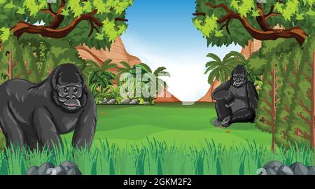 Gorilla dans la forêt ou la forêt tropicale scène avec de nombreux arbres illustration Illustration de Vecteur