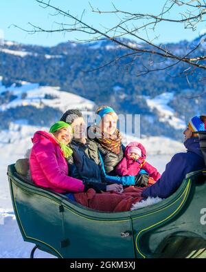 Profitez de vos vacances d'hiver lors d'une promenade en traîneau à cheval dans la forêt enneigée de Bregenz Banque D'Images