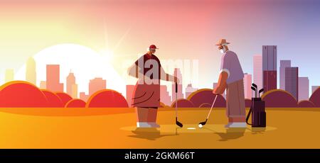 femme senior homme couple jouant au golf joueurs de famille âgés prenant un coup actif vieux concept paysage urbain Illustration de Vecteur