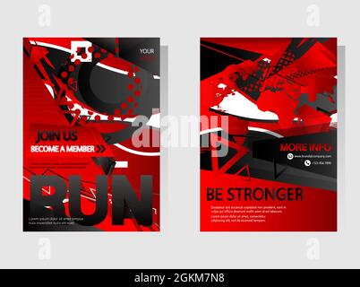 Modèles de bannières de réseaux sociaux de sport noir, rouge et blanc avec style unique. Collection de brochures commerciales. Dépliant, prospectus, couverture de livre, présentation, env Illustration de Vecteur