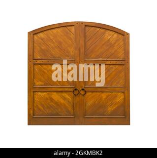 Ancienne porte en bois marron fermée isolée sur fond blanc. Banque D'Images