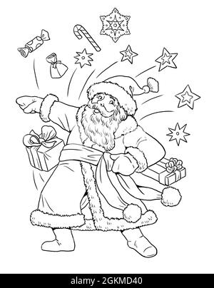 Drôle de danse du Père Noël. Carte de bonne année. Modèle de Noël à colorier. Banque D'Images