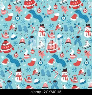 Motif hiver coloré sans coutures avec éléments hivernaux. Vêtements d'hiver, bonhomme de neige, oiseaux, feuilles et décoration de noël. Illustration vectorielle dessinée à la main Illustration de Vecteur