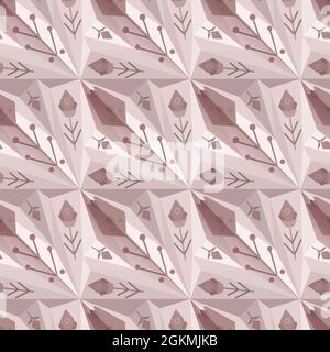 Motif géométrique avec ornements floraux et illusion d'ombre. Texture architecturale vectorielle sans couture avec décorations folkloriques. Surface de la conception avec Illustration de Vecteur