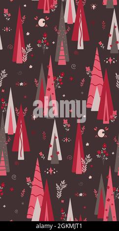 Motif sombre sans couture avec sapins stylisés géométriques et ornements floraux, en forme d'étoiles et de lignes de caniche. Épinette rose, branche avec feuillage et lune. VVecto Illustration de Vecteur